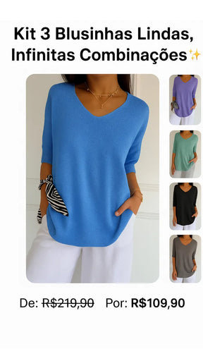 Kit 3 Blusas Luna® em Malha Leve – Decote V