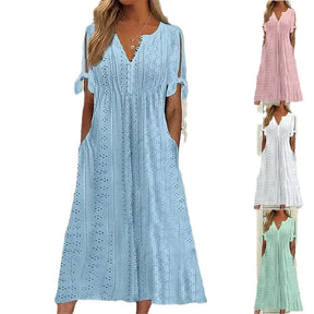 Vestido de Renda Jana - Gola em V de Manga Curta (Verão 2026)